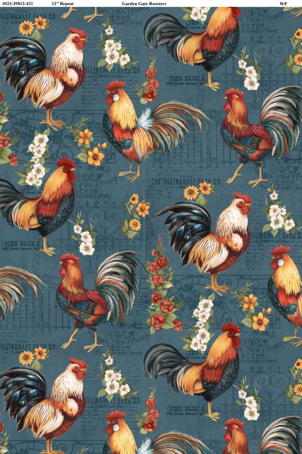 Garden Gate Roosters Lg All Over Teal
