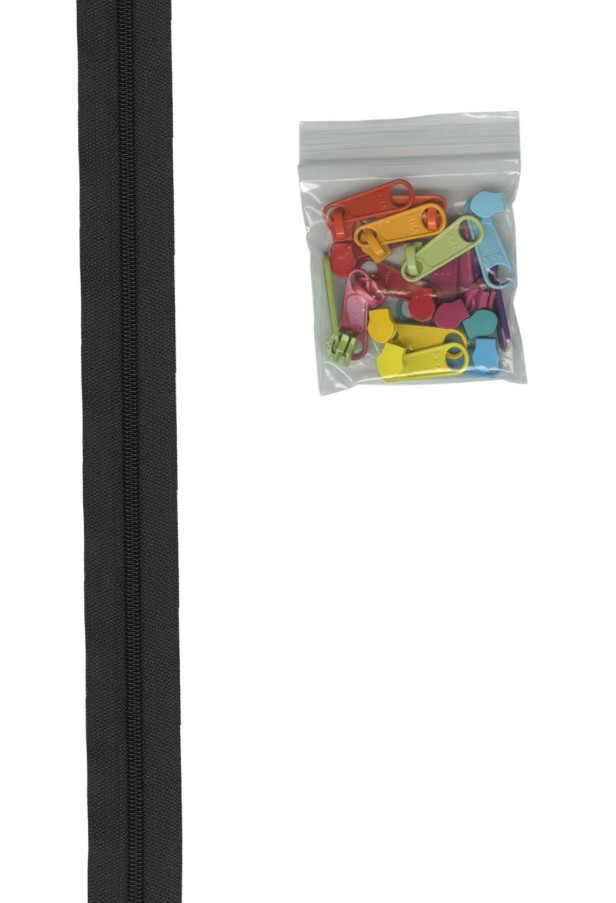 Zipper By The Yard Black w/Multicolor Pulls