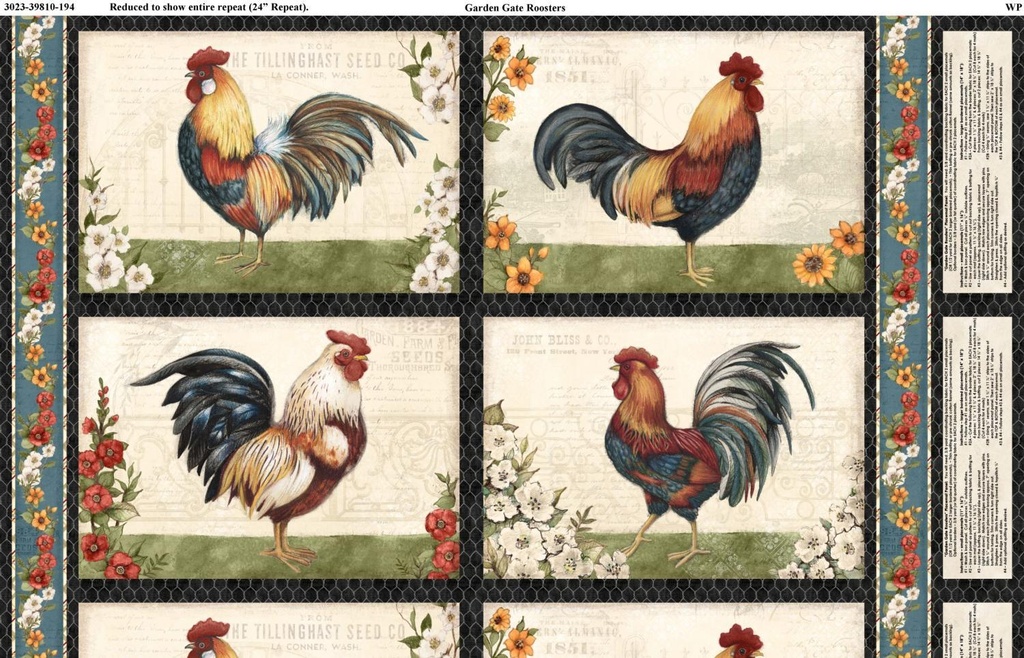 Garden Gate Roosters Placemats Panel 24"