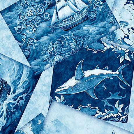 [30856 -B] Ocean Blues Nautical Overlapping Patches Blue